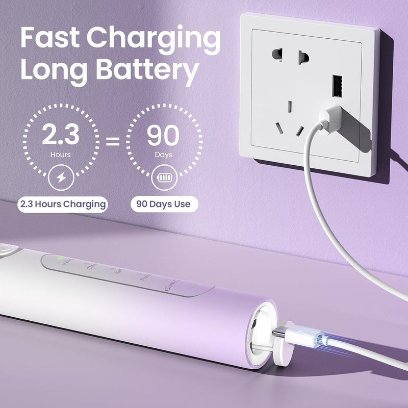 YUNCHI Electric Toothbrush Birthday/Valentine Plastic 8 Dupont Heads 24-Mo Deep Cleans Gentle Gums Removes Stains 3Hr USB-C 90d 2-Min Timer/30s IPX7 - Purple - Image 4